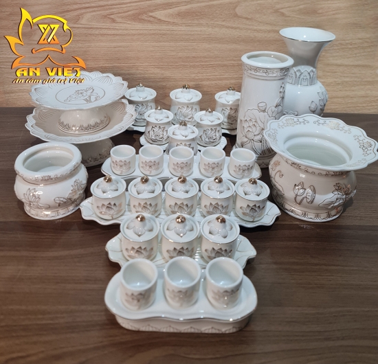 Bộ Thờ Cúng Gốm Sứ Bạch Ngọc Sen Trắng BNST - Hoa Sen