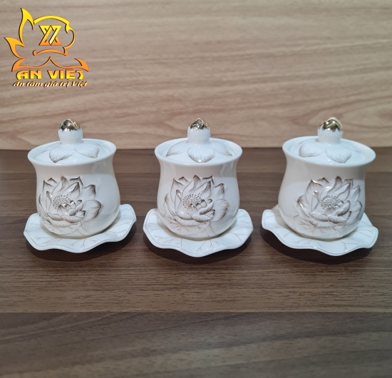 Bộ Thờ Cúng Gốm Sứ Bạch Ngọc Sen Trắng BNST - Hoa Sen