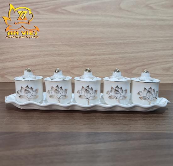 Bộ Thờ Cúng Gốm Sứ Bạch Ngọc Sen Trắng BNST - Hoa Sen