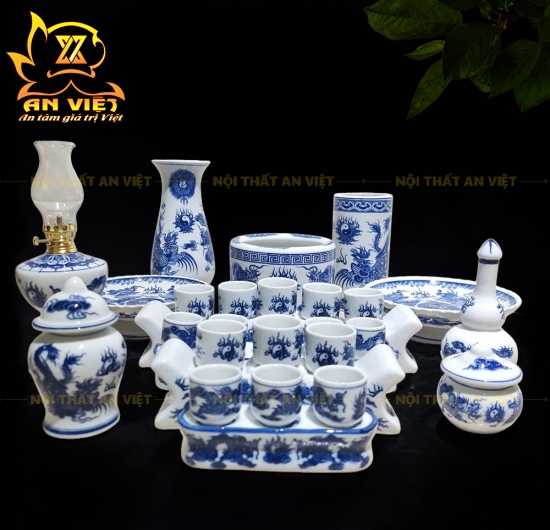 Bộ Thờ Cúng Men Xanh Lam Bát Tràng - Bình Hoa - Lư Hương - Đĩa - Áng - ML2601