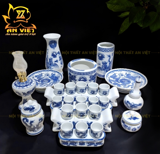 Bộ Thờ Cúng Men Xanh Lam Bát Tràng - Bình Hoa - Lư Hương - Đĩa - Áng - ML2601