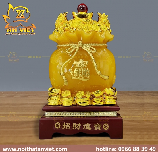 Túi Vàng Kim Bảo chiêu tài đế gỗ - Cao 23cm - TV2303