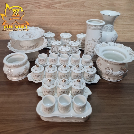 Bộ Thờ Cúng Gốm Sứ Bạch Ngọc Sen Trắng BNST - Hoa Sen