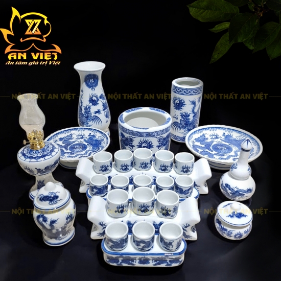 Bộ Thờ Cúng Men Xanh Lam Bát Tràng - Bình Hoa - Lư Hương - Đĩa - Áng - ML2601